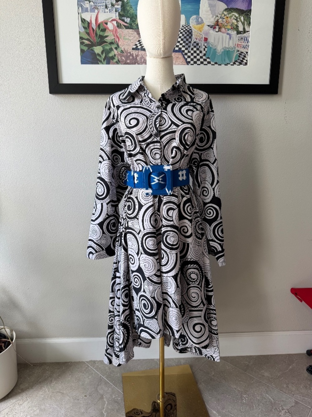 Step in Style 100% Cotton One Size A Line Shirt Dress Black White Art STUNNING